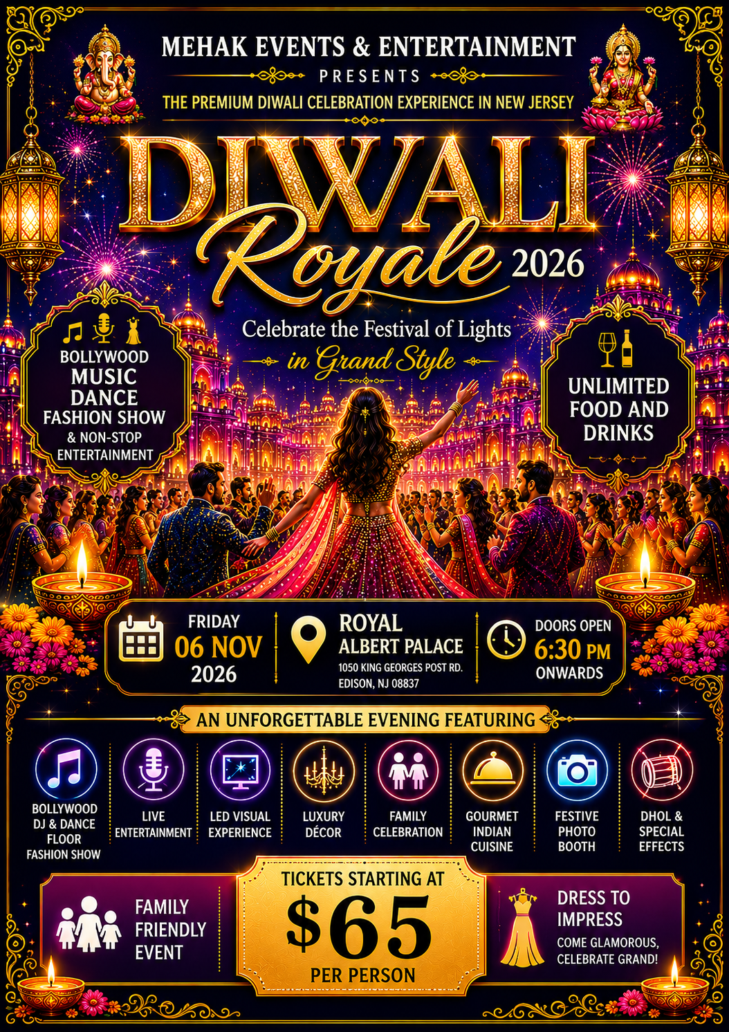 2026 Diwali Event New Jersey Bollywood celebration flyer with live entertainment, fashion show, food, vendors and ticket information